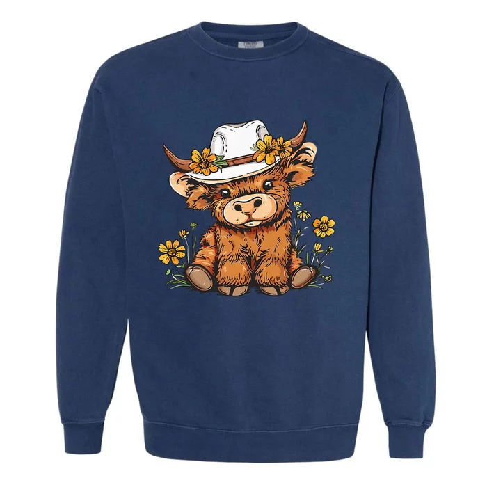 Scottish Cute Highland Cow Cattle Hairy Cow Flowers Garment-Dyed Sweatshirt