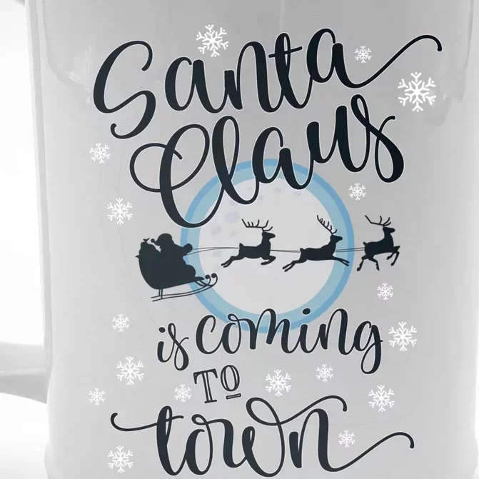 Santa Claus Is Coming To Town Flying Reindeer Snowflakes Gift Front & Back Beer Stein