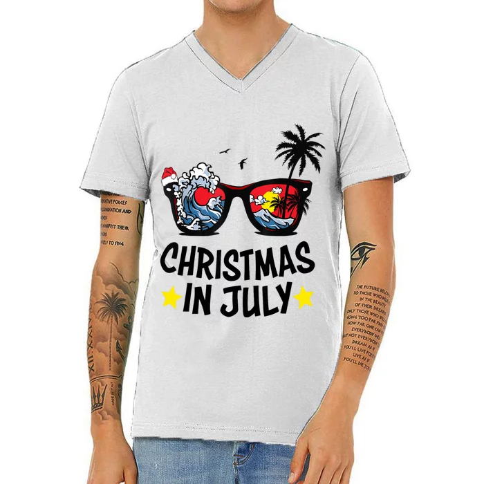 Sunglasses Christmas In July Santa Hat Summer Vacation Cute V-Neck T-Shirt