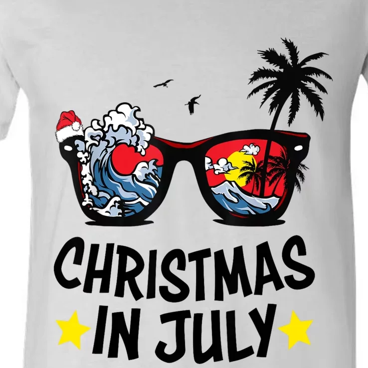 Sunglasses Christmas In July Santa Hat Summer Vacation Cute V-Neck T-Shirt