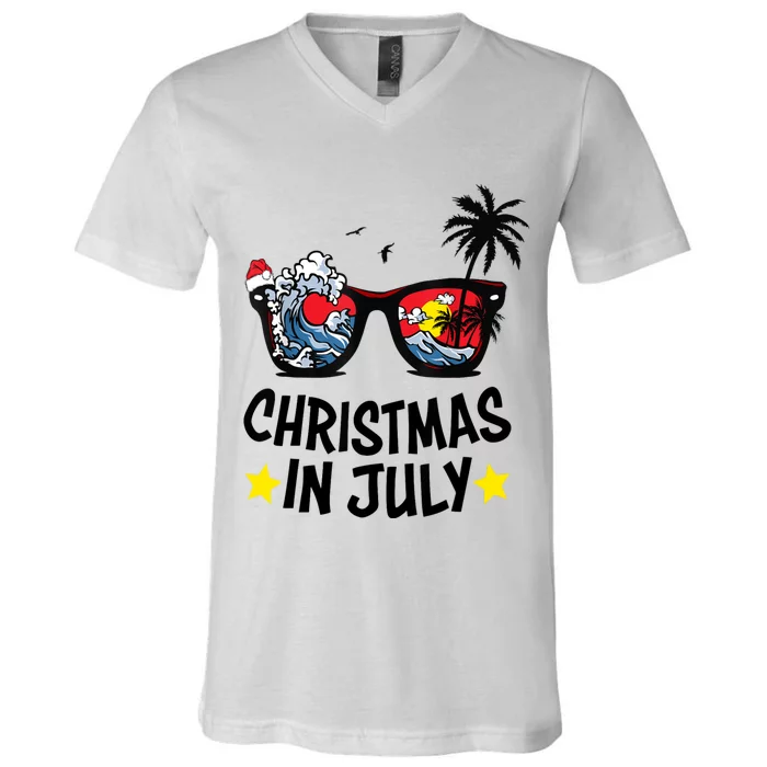 Sunglasses Christmas In July Santa Hat Summer Vacation Cute V-Neck T-Shirt