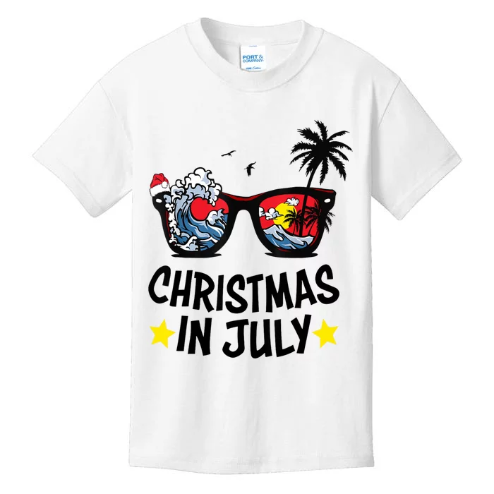 Sunglasses Christmas In July Santa Hat Summer Vacation Cute Kids T-Shirt