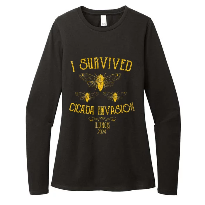 Survived Cicada Invasion Illinois Usa 2024 Yellow Grunge Womens CVC Long Sleeve Shirt