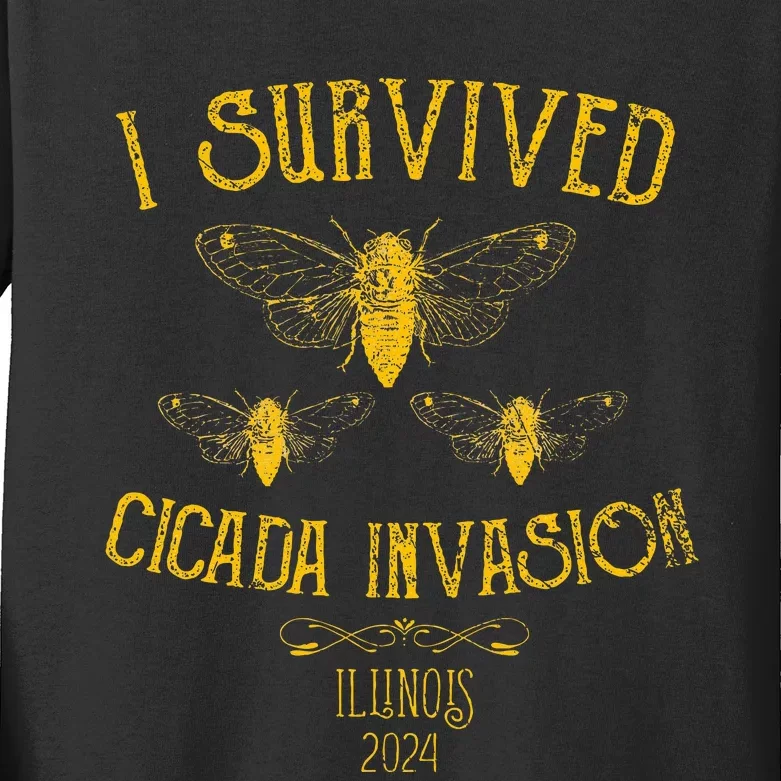 Survived Cicada Invasion Illinois Usa 2024 Yellow Grunge Kids Long Sleeve Shirt