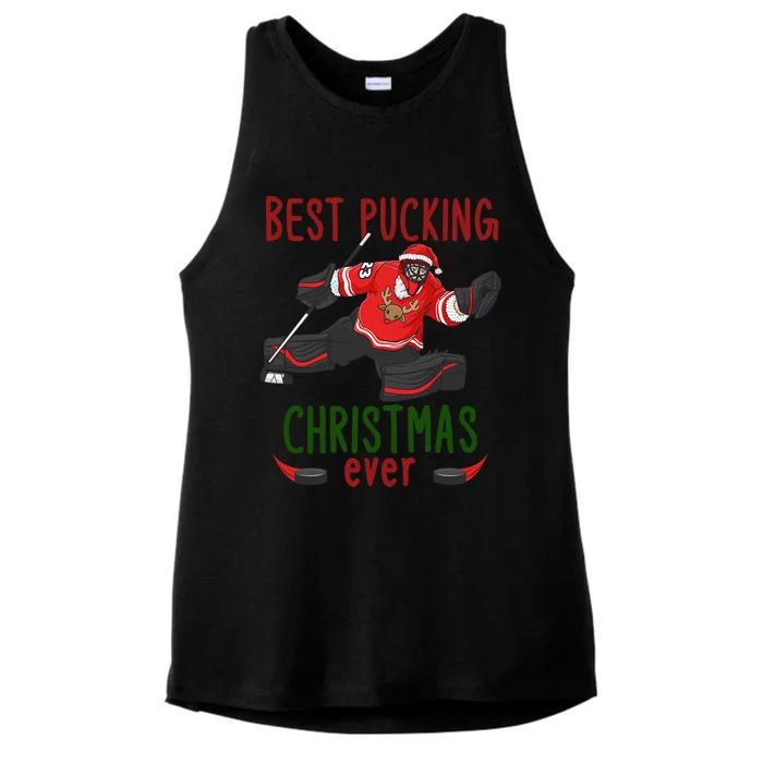 Santa Claus Ice Hockey Goalie Best Pucking Christmas Cool Gift Ladies Tri-Blend Wicking Tank