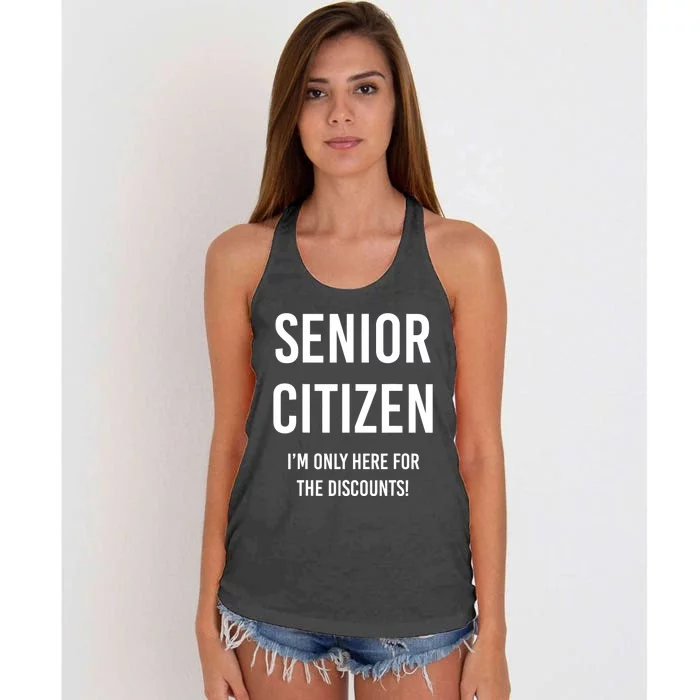 Senior Citizen I'm Only Here For The Discounts Funny Women's Knotted Racerback Tank