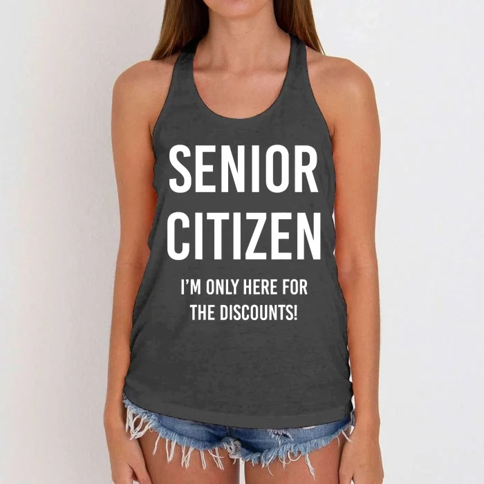 Senior Citizen I'm Only Here For The Discounts Funny Women's Knotted Racerback Tank