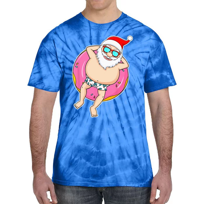 Summer Christmas In July Tropical Santa On Pool Summer Santa Tie-Dye T-Shirt