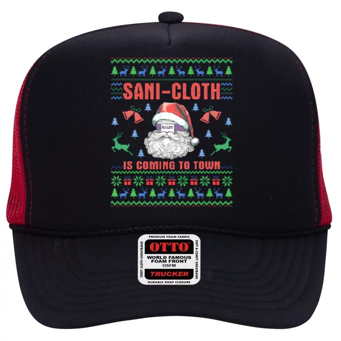 Sani Cloth Is Coming To Town Retro Santa Christmas Nurse Rn Gift High Crown Mesh Trucker Hat