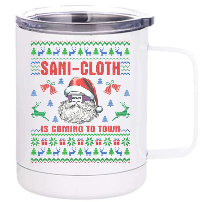 Sani Cloth Is Coming To Town Retro Santa Christmas Nurse Rn Gift Front & Back 12oz Stainless Steel Tumbler Cup