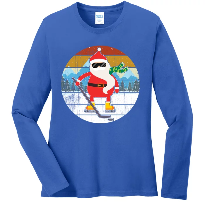 Santa Claus Ice Hockey Christmas Tree Vintage Xmas Gift Gift Ladies Long Sleeve Shirt