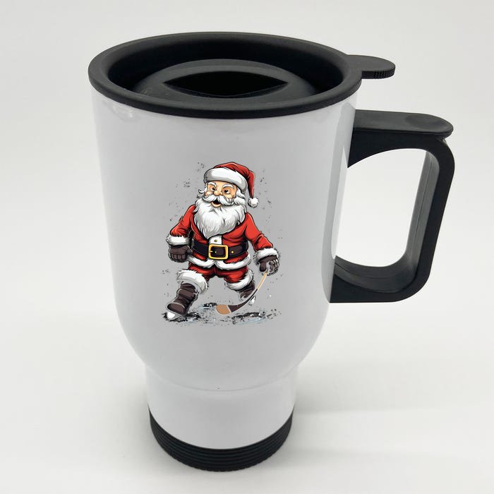 Santa Claus Ice Hockey Player Hockey Stick Christmas Cool Gift Front & Back Stainless Steel Travel Mug