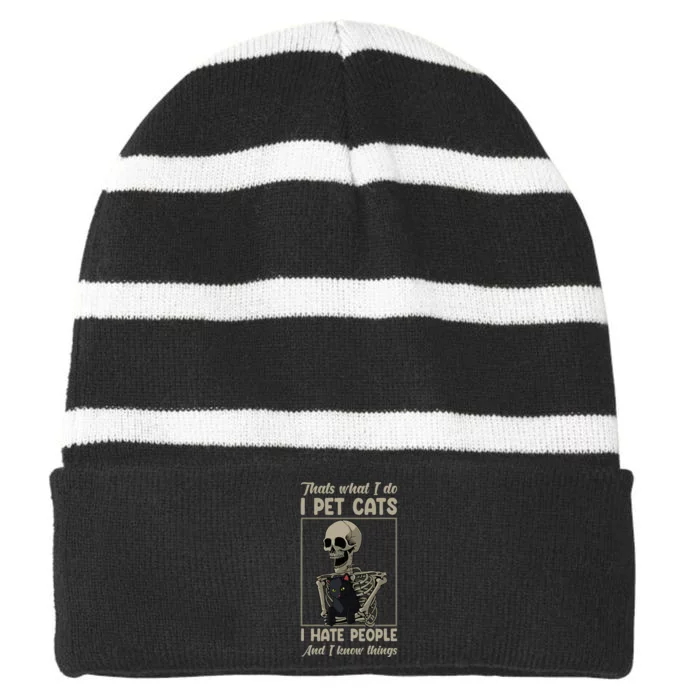 Skeleton Cat Kitten Lover Grumpy Skull Kitty Pet Owner Striped Beanie with Solid Band