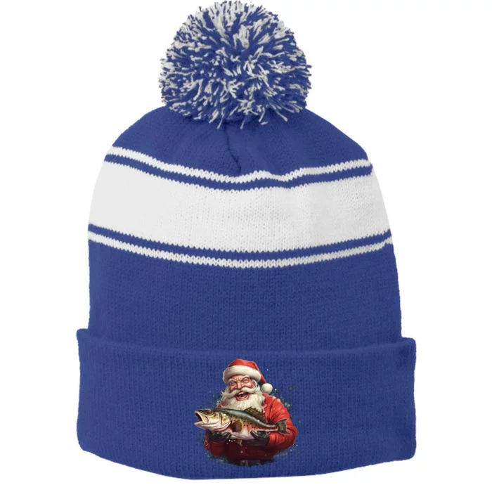 Santa Claus Likes Fishing And Made A Big Catch Merry Xmas Gift Stripe Pom Pom Beanie