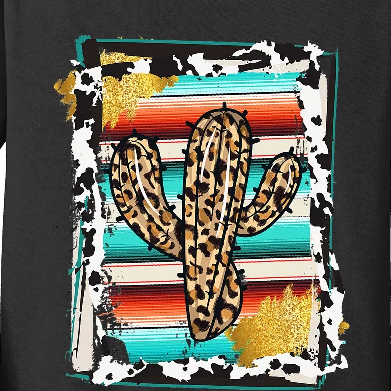 Serape Cactus Leopard Cow Pattern Print Cowgirl Rodeo Kids Long Sleeve Shirt