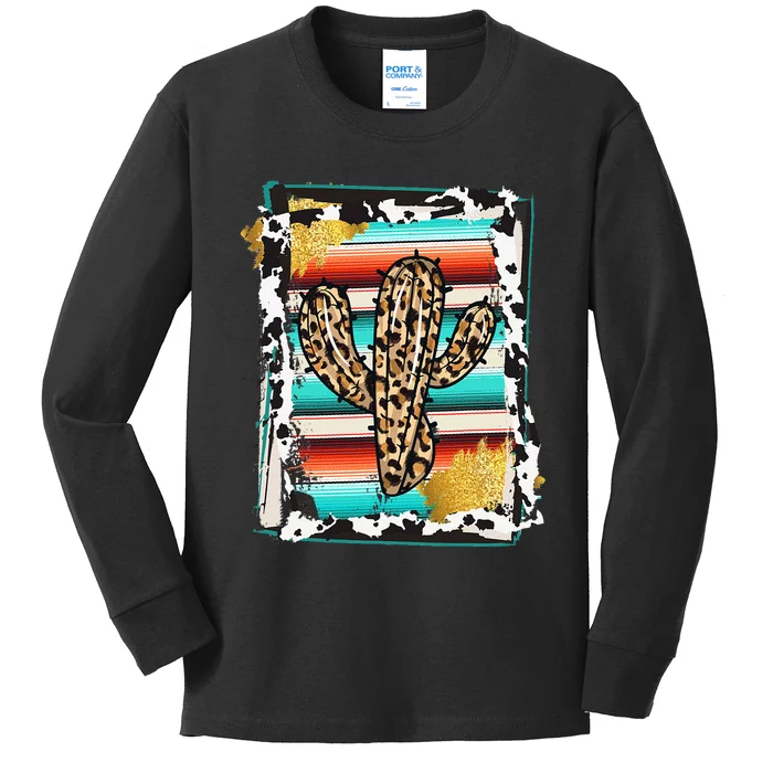 Serape Cactus Leopard Cow Pattern Print Cowgirl Rodeo Kids Long Sleeve Shirt