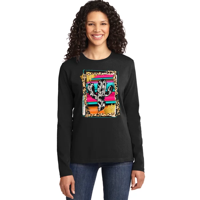 Serape Cactus Leopard Cow Pattern Print Cowgirl Rodeo Ladies Long Sleeve Shirt