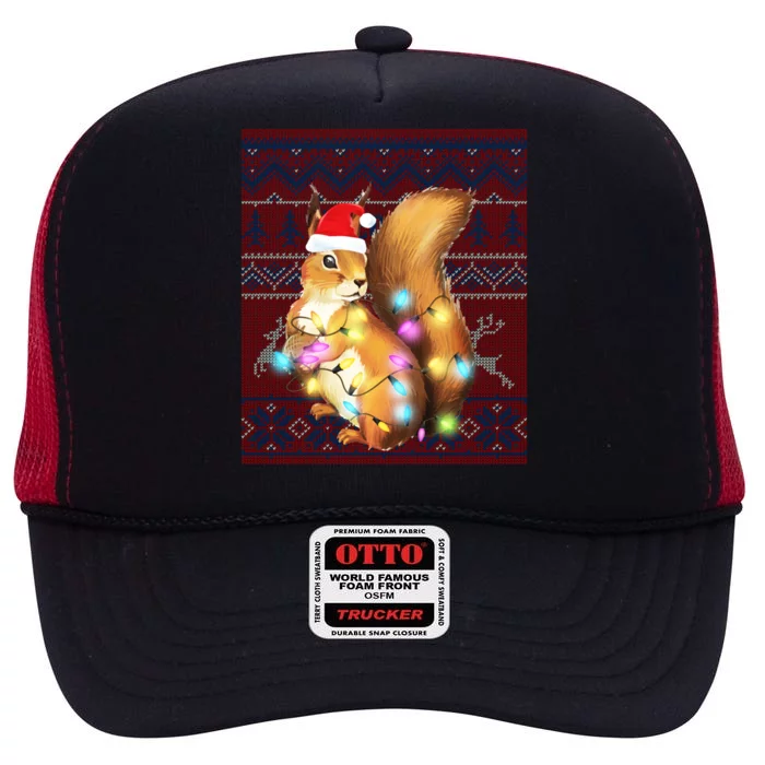 Squirrel Christmas Lights Ugly Sweater Squirrel Lover Gift High Crown Mesh Trucker Hat