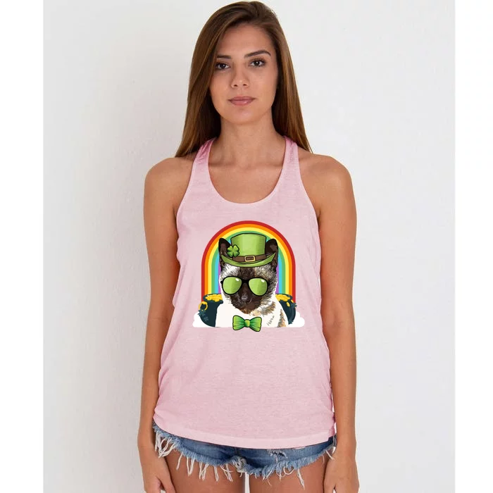 Siamese Cat Leprechaun Funny St Patricks Day Gift Women's Knotted Racerback Tank