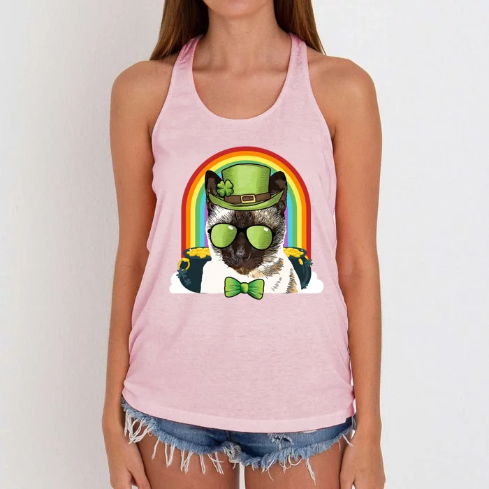 Siamese Cat Leprechaun Funny St Patricks Day Gift Women's Knotted Racerback Tank