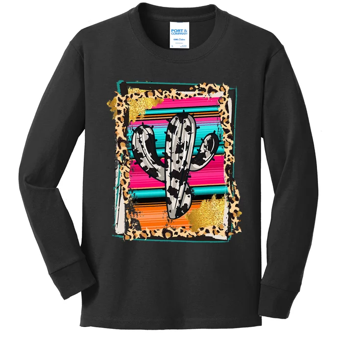 Serape Cactus Leopard Cow Pattern Print Cowgirl Rodeo Kids Long Sleeve Shirt