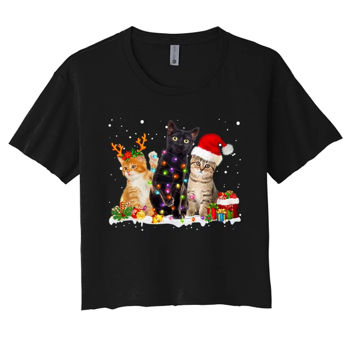 Santa Cat Light Gorgeous Reindeer Pajama Christmas Cat Lover Women's Crop Top Tee