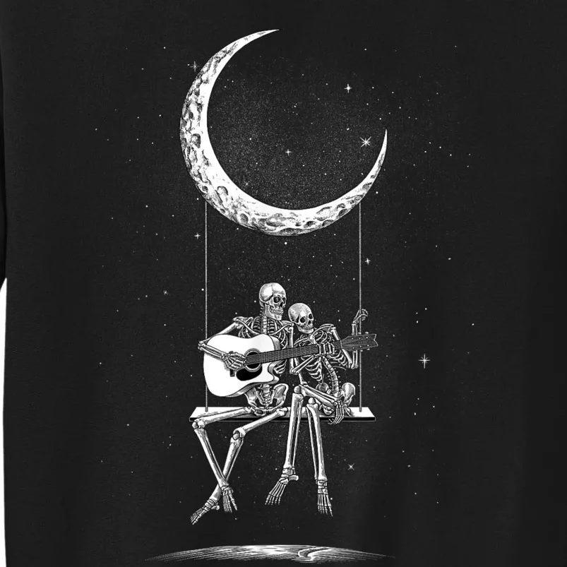 Skeleton Couple Moon Swing Playing Guitar Halloween Rock On Sweatshirt