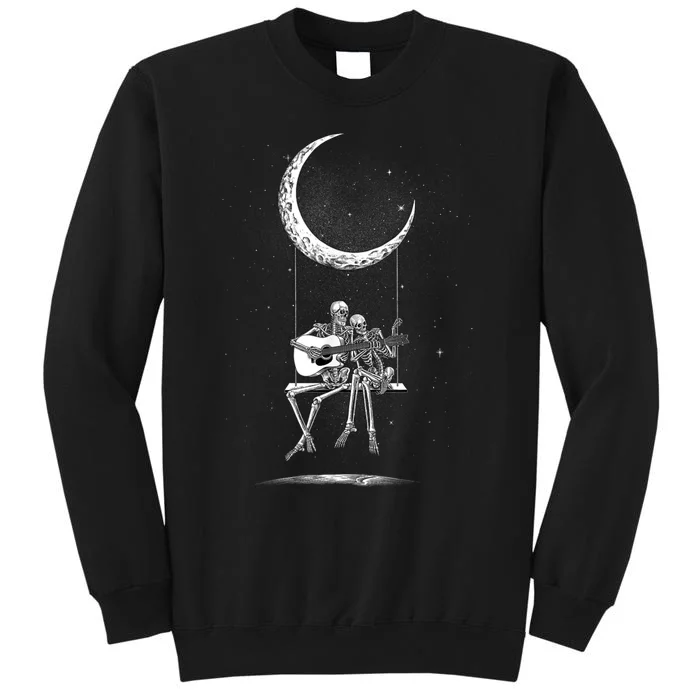 Skeleton Couple Moon Swing Playing Guitar Halloween Rock On Sweatshirt