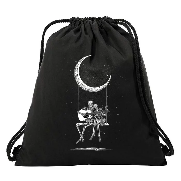 Skeleton Couple Moon Swing Playing Guitar Halloween Rock On Drawstring Bag