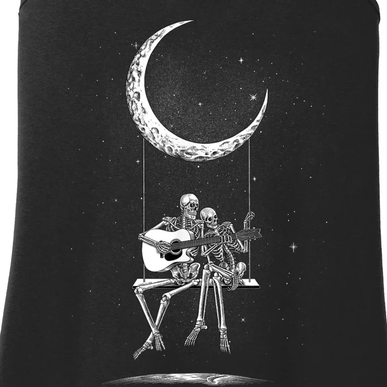 Skeleton Couple Moon Swing Playing Guitar Halloween Rock On Ladies Essential Tank