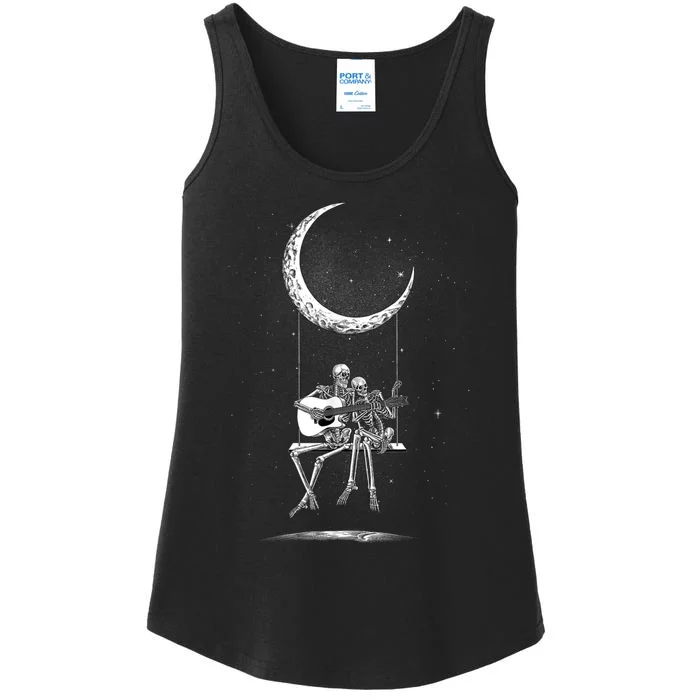 Skeleton Couple Moon Swing Playing Guitar Halloween Rock On Ladies Essential Tank