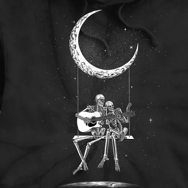 Skeleton Couple Moon Swing Playing Guitar Halloween Rock On Tie Dye Hoodie