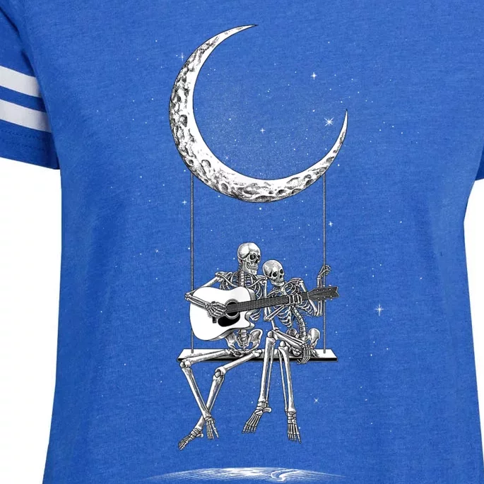 Skeleton Couple Moon Swing Playing Guitar Halloween Rock On Enza Ladies Jersey Football T-Shirt