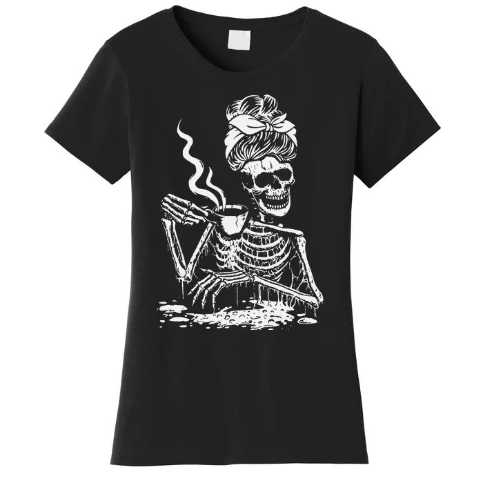 Skeleton Coffee Messy Bun Front Design Women's T-Shirt