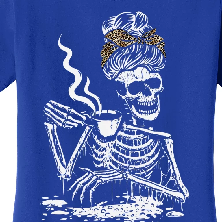 Skeleton Coffee Messy Bun Hair Leopard Print Cute Gift Front Design Gift Women's T-Shirt