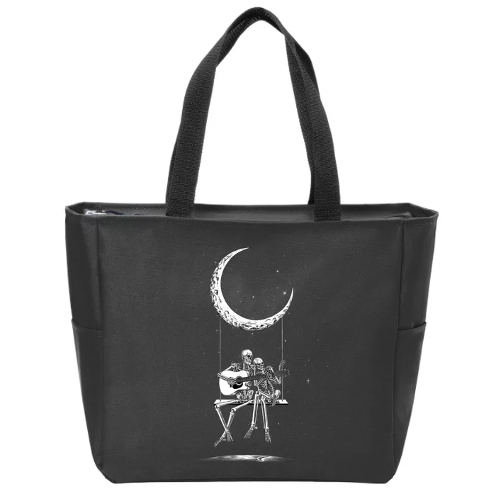 Skeleton Couple Moon Swing Playing Guitar Halloween Rock On Zip Tote Bag