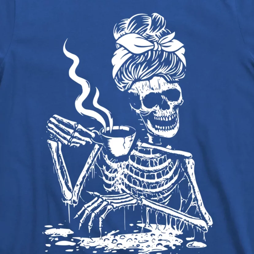 Skeleton Coffee Messy Bun Front Design Gift T-Shirt