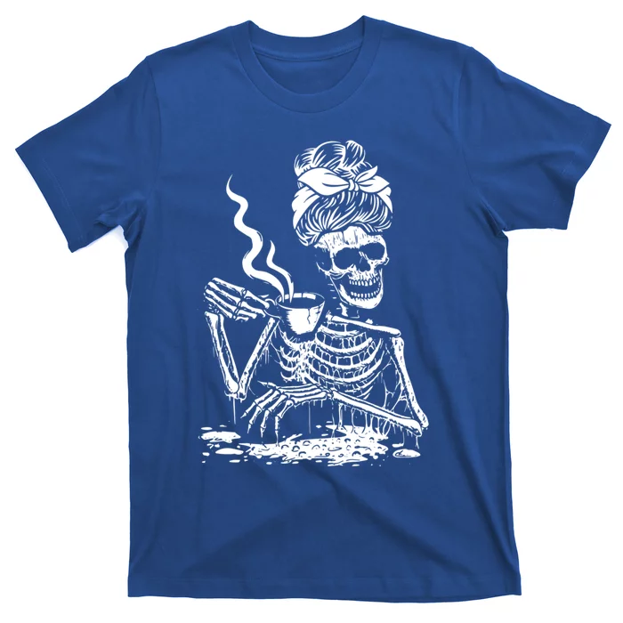 Skeleton Coffee Messy Bun Front Design Gift T-Shirt