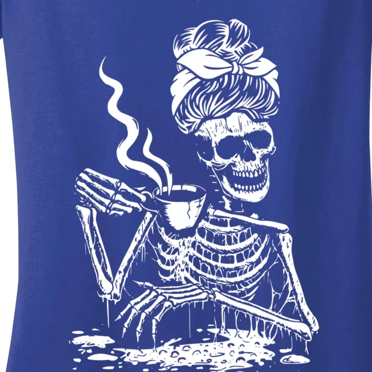 Skeleton Coffee Messy Bun Front Design Gift Women's V-Neck T-Shirt