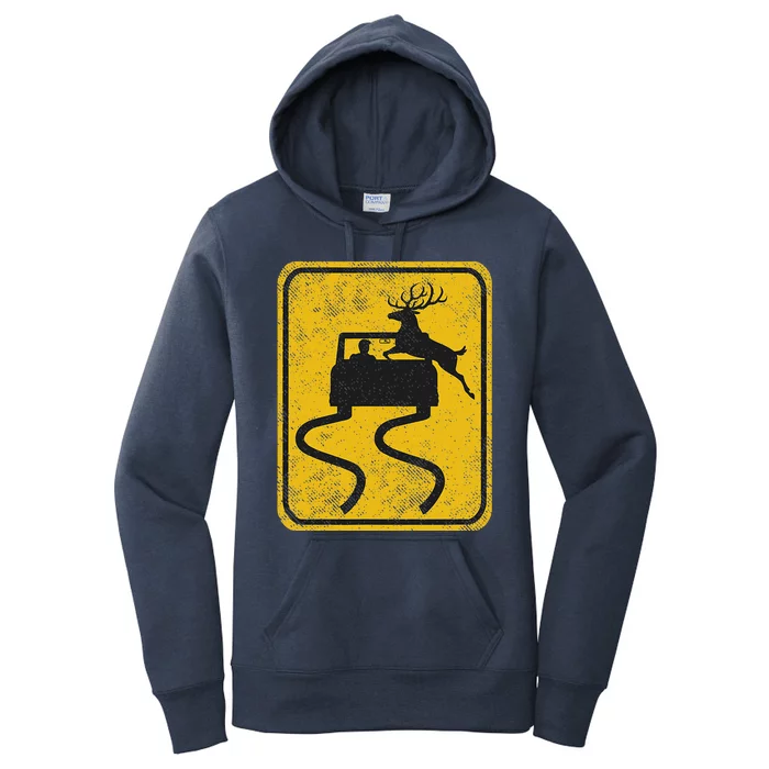 Swerving Car Meets Deer Crossing Vintage Women's Pullover Hoodie