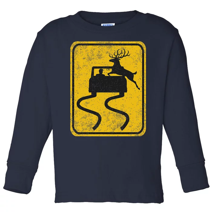 Swerving Car Meets Deer Crossing Vintage Toddler Long Sleeve Shirt