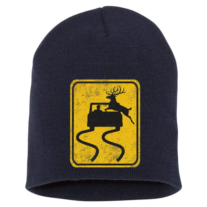 Swerving Car Meets Deer Crossing Vintage Short Acrylic Beanie