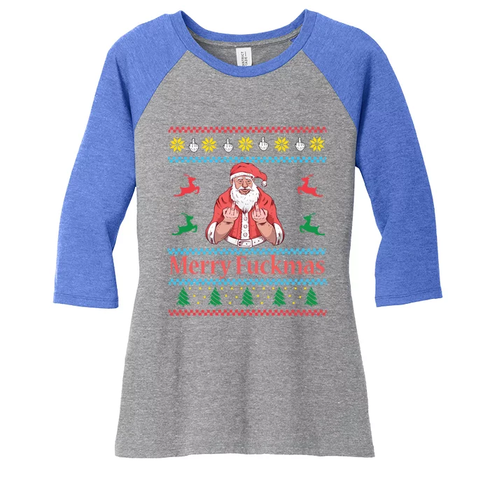 Santa Claus Middle Finger Merry Fuckmas Ugly Christmas Gift Women's Tri-Blend 3/4-Sleeve Raglan Shirt