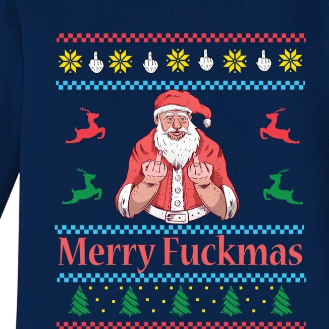 Santa Claus Middle Finger Merry Fuckmas Ugly Christmas Gift Baby Long Sleeve Bodysuit