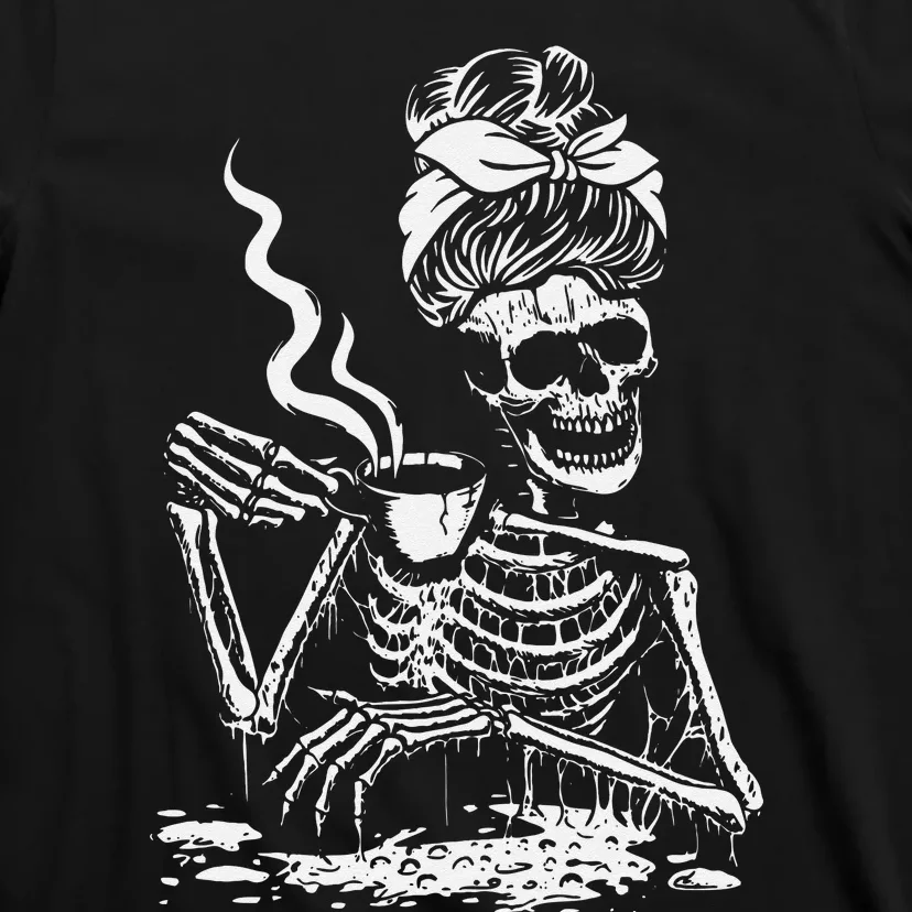 Skeleton Coffee Messy Bun Front Design T-Shirt