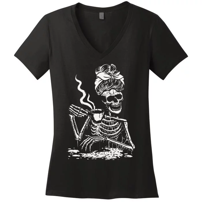 Skeleton Coffee Messy Bun Front Design Women's V-Neck T-Shirt