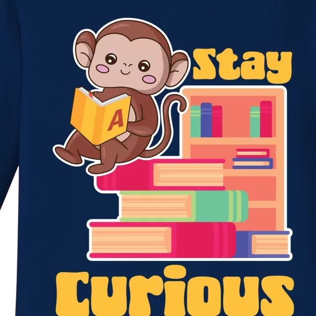 Stay Curious Monkey Reading Funny Book Lover Bookworm Cute Gift Baby Long Sleeve Bodysuit