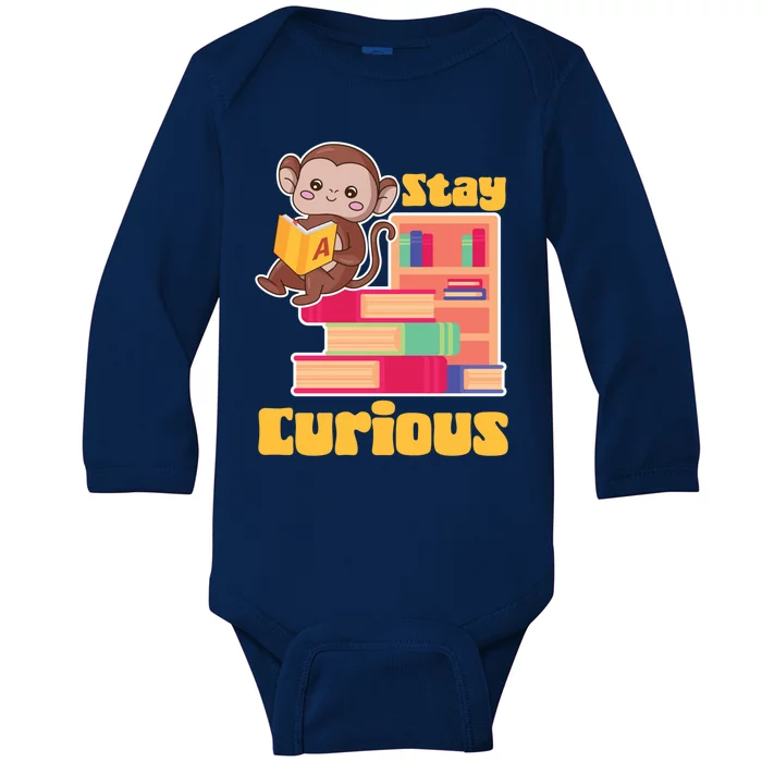 Stay Curious Monkey Reading Funny Book Lover Bookworm Cute Gift Baby Long Sleeve Bodysuit