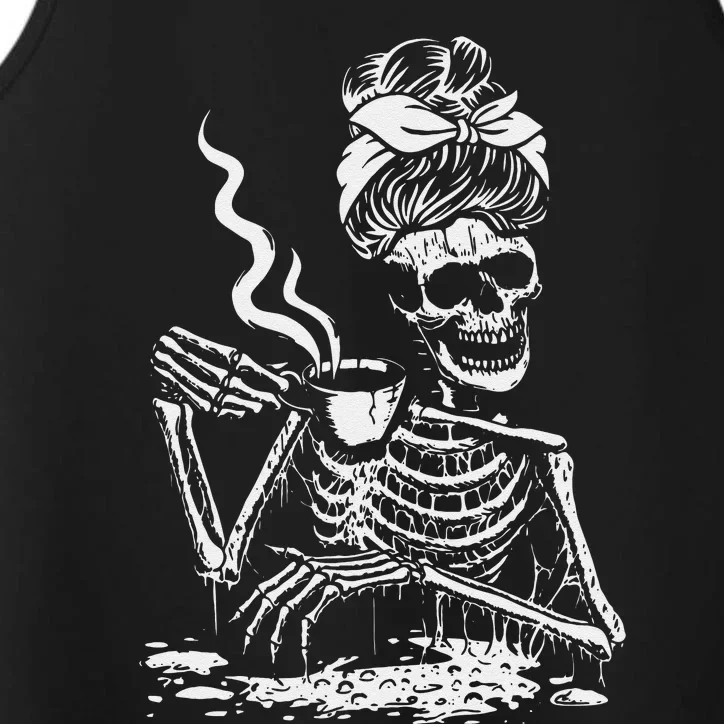 Skeleton Coffee Messy Bun Front Design Funny Performance Tank