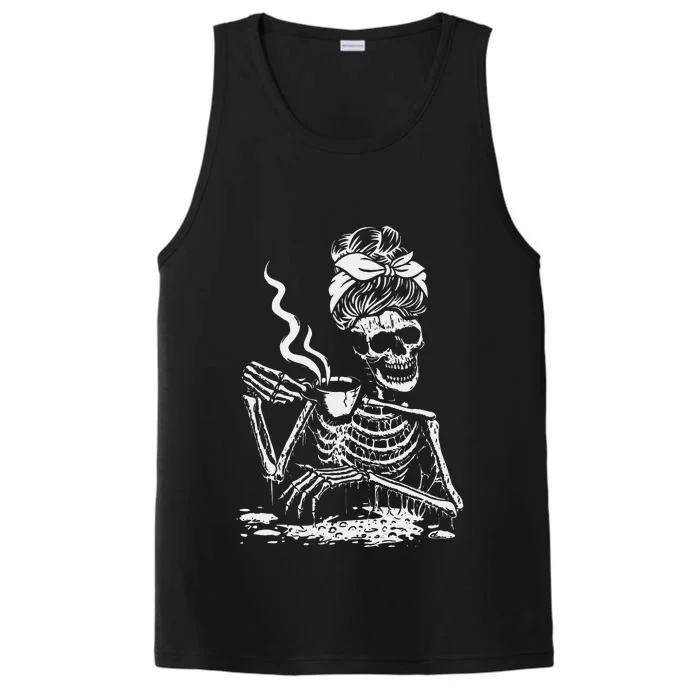 Skeleton Coffee Messy Bun Front Design Funny Performance Tank